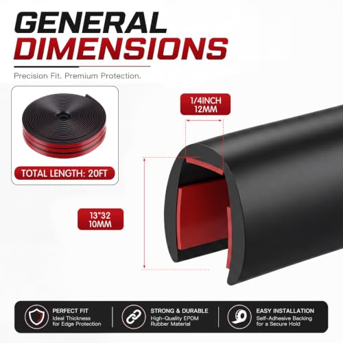 1/4 Inch Rubber Edge Trim 20ft Self-Adhesive U Channel Edge Strip - size: 20ft，1/4 Inch
