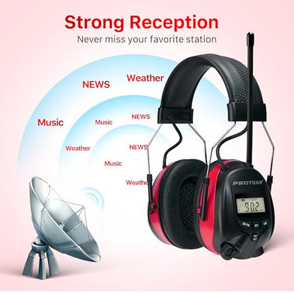 AM/FM Radio Headphones 25dB NRR,Noise Reduction Safety Earmuffs,Digital Display Headset,Powered by AA Battery,Hearing Protection for Walkman Mowing Lawn Work,Red - color: Red