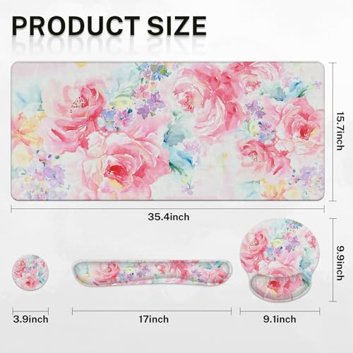Arttown Keyboard Mouse Pad Set, 4 in 1 Desk Mat Set Watercolor Flower - color: Pink Floral