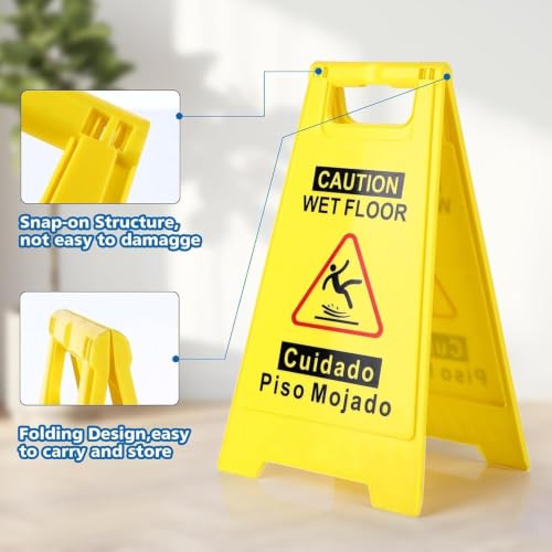 24 Inches Caution Wet Floor Sign Bright Yellow Double Sided Bilingual Folding A-Shaped Frame Design Caution Message Safety Warning Wet Floor Sign Collapsible Commercial Warning Sign Prevent Slip