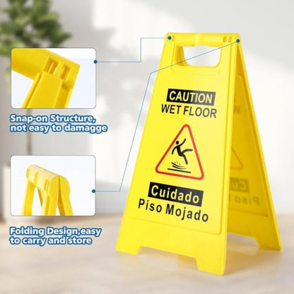 24 Inches Caution Wet Floor Sign Bright Yellow Double Sided Bilingual Folding A-Shaped Frame Design Caution Message Safety Warning Wet Floor Sign Collapsible Commercial Warning Sign Prevent Slip