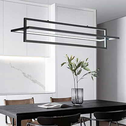 Modern LED Linear Rectangle Chandelier, Black, 35.4"