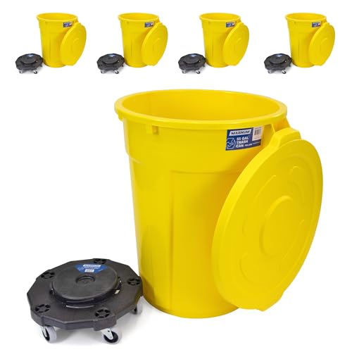 Magnum Yellow 55 Gallon Trash Can Set (Trash Can, Quiet Dolly, and Reinforced Lid), Construction Grade, Jobsite Ready, Non-Marking Wheels & Casters for Rolling Garbage CMTC-CLD0-55Y05 (5 Set) - color: Yellow, size: 55 Gallon, style: Can + Lid + Dolly