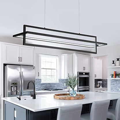 Modern LED Linear Rectangle Chandelier, Black, 35.4"