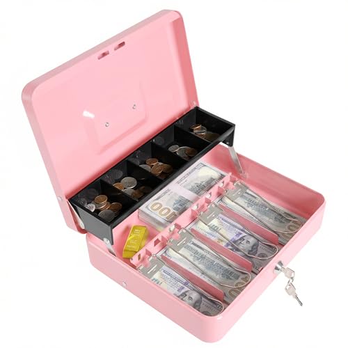 Locking Cash Box with Key Lock and Money Tray, Money Box, Lock Safe Box, Cash Money Lock Safe Box for Cash Register 11.8"x9.45"x3.54" (Pink Key) - color: Pink Key