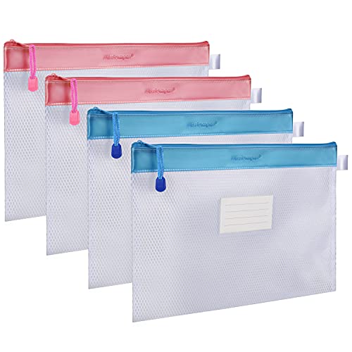Wisdompro Zipper Pouch, 4 Pack Waterproof Mesh File Bag, Document Organizer - color: Pink/Blue