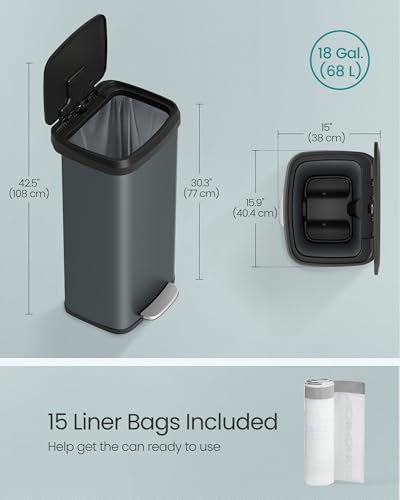 SONGMICS Kitchen Trash Can, 18-Gallon (68 L) Stainless Steel, Soft Closure - color: Charcoal Gray + Black, style: 18 Gallons