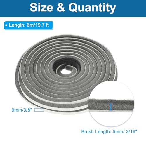 PATIKIL Weather Stripping Brush 3/8 Inchx3/16 Inchx19.7 Ft Self Adhesive - color: Gray, size: 3/8 Inch x 3/16 Inch x 19.7 Ft