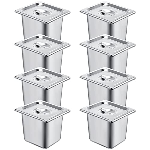 8 Pack Stainless Steam Hotel Pan 6 Deep Steam Table Pan with Lid 0.8 mm Thick Stainless Steel Restaurant Anti Clogging Steamer for Party, Restaurant, Hotel(1/6 Size) - size: 1/6 Size
