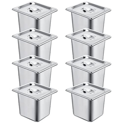 8 Pack Stainless Steam Hotel Pan 6 Deep Steam Table Pan with Lid 0.8 mm Thick Stainless Steel Restaurant Anti Clogging Steamer for Party, Restaurant, Hotel(1/6 Size) - size: 1/6 Size