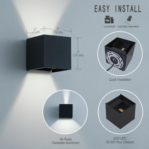 Led Wall Sconce Light, Modern Outdoor Lights for House, Led Wall Lights for Bedroom, 20W Adjustable Up&Down Lighting/Waterproof Matt Black Aluminium/ 6500K,2 Pack - color: 6500K 2 Pack