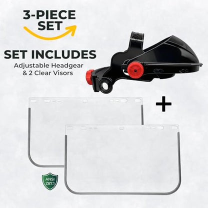 Cap Style Headgear with 2 Universal Clear Flat Face Shield Visors – Adjustable Headgear 9" x 15.5" Aluminum Bound Shields – ANSI Z87.1 Safety Shield for Grinding, Cutting and Welding - color: Clear, 3 Pack B