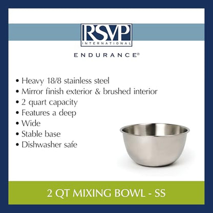RSVP International Endurance Stainless Steel Mixing Bowls, 2 Quart - size: 2 Quart