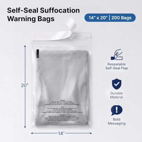 14” X 20” (200 Count) Self Seal Clear Poly Bags with Suffocation Warning - size: 14" X 20"