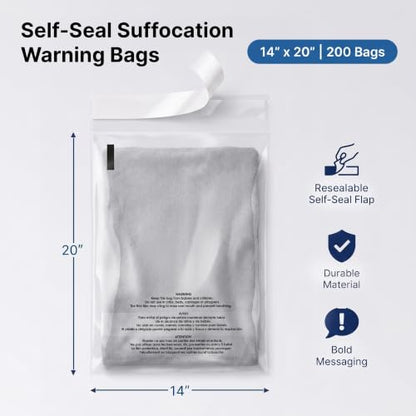 14” X 20” (200 Count) Self Seal Clear Poly Bags with Suffocation Warning - size: 14" X 20"