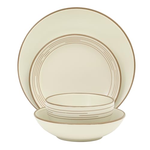 Gibson Home Chiswick House 16-Piece Stoneware Dinnerware Set, Round Plates and Bowls Set for 4, White with Wax Relief Embossed Rim Detail, Dishwasher Safe – Dinner Plate, Salad Plate & Cereal Bowl - color: White w/ Wax Relief Embossed Rim (Chiswick House)
