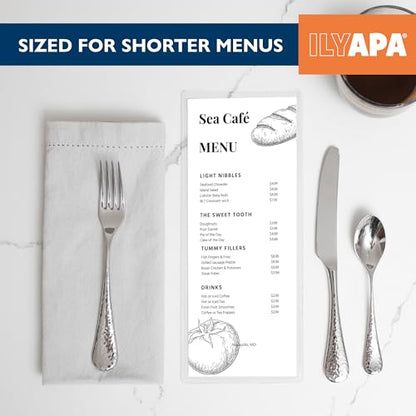 Ilyapa Restaurant Menu Covers 4.25 x 11 Inch - 30 Pack, Single Page, 2 View Clear Sleeves Holder for Restaurant, Durable PVC Hard Plastic Menu Holder - color: Clear, size: 4.25 x 11