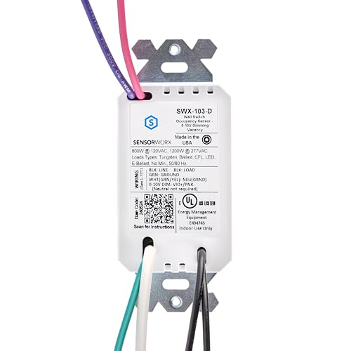 Occupancy Motion Sensor in-Wall Switch with 0-10V Dimming, SWX-103-D-WH, PIR Detection, Manual On (Vacancy Mode), 120/277V, 800W/1200W, 1-Pole, No Neutral Required, White, Made in USA - style: Vacancy