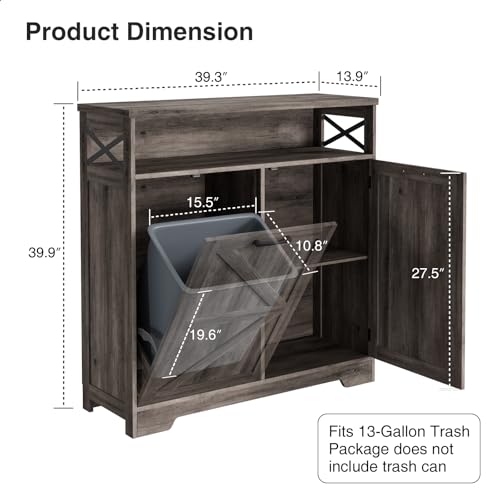 Befrases Tilt Out Trash Can Cabinet for 13 * 1 Gallon Trash Can, Farmhouse Kitchen Island Cabinet with Adjustable Shelf for Hidden Laundry Basket, Dog Proof Garbage Can for Dining Living Room, Grey - color: Grey, size: 1 x13 Gallons