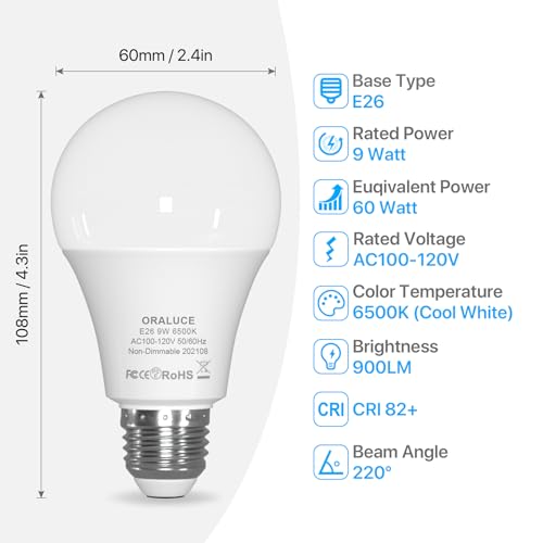 ORALUCE E26 LED Light Bulb 60 Watt, A19 9W 6500K Cool White, 6 Pack - color: Coolwhite, size: 6 Count (Pack of 1)