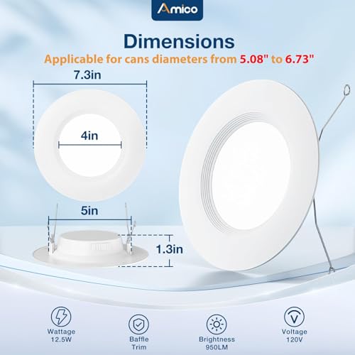 Amico 6 Pack 5/6 inch 5CCT LED Recessed Lighting, Retrofit Can Light, White - size: 6 Inch-White