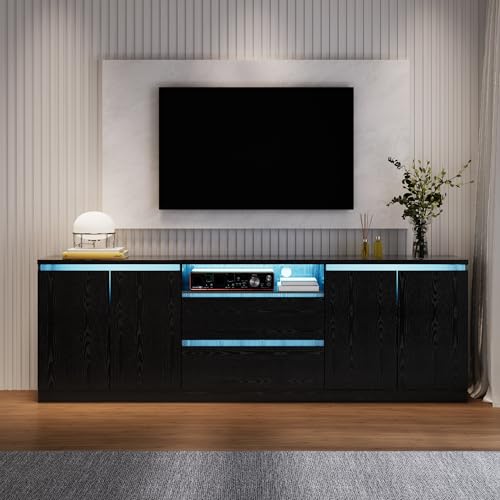 Bobve Modern TV Stand for TVs Up to 100",LED TV Console,Long Entertainment Center with 2 Drawer/2 Cabinets,Universal TV Stand for Living Room,Bedroom,Black,3 Light Modes - color: Black