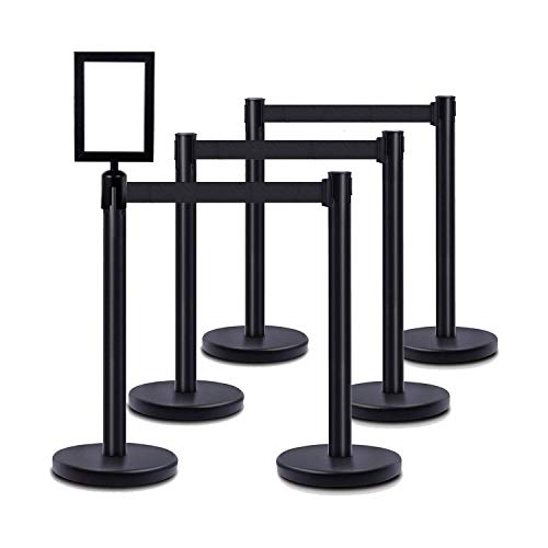 DuraSteel Crowd Control Barriers Line Dividers - Metal Stanchion Posts with 6.5ft Black Retractable Belt Ropes - for Store Queues, Airport Lines, Event Entries - 6 Set/Pack - color: Black Belt, style: Black Stanchion 6 Pieces + 1 Vert Frame