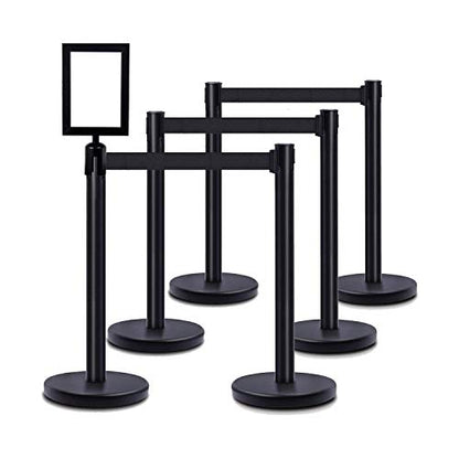 DuraSteel Crowd Control Barriers Line Dividers - Metal Stanchion Posts with 6.5ft Black Retractable Belt Ropes - for Store Queues, Airport Lines, Event Entries - 6 Set/Pack - color: Black Belt, style: Black Stanchion 6 Pieces + 1 Vert Frame