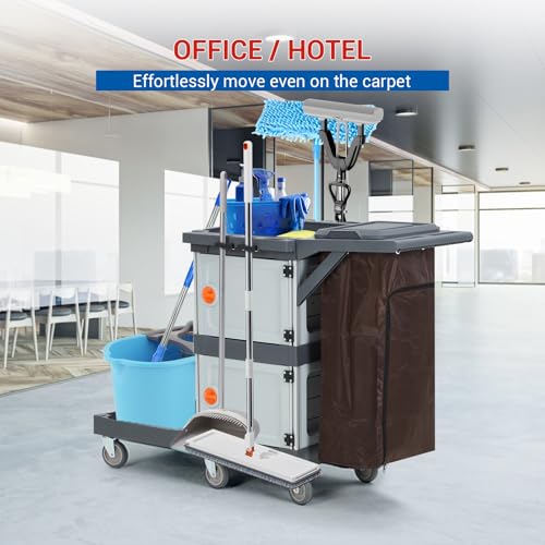3 Tier Janitorial Cart,Commercial Cleaning Cart on Wheels with 2 Cabinet,Open Shelves & Oxford Bag,Housekeeping Cleaning Caddy Service Carts for Home Office School Hotel