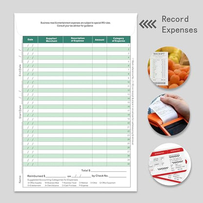 Receipt Organizer Envelopes, 6.5x9.5 Inches, 18-Pack, Green, All-in-One Expense Tracker with Ledger & Mileage Log for Business Receipts Storage - color: Green-18