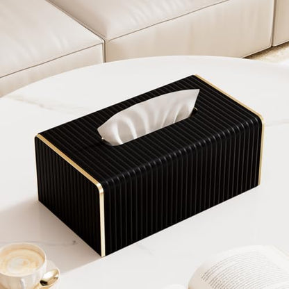 Tissue Box Cover,Black Rectangle PU Leather Tissue Holder with Gold-Tone Edging Accents,Tissue Box Cover for Bathroom Toilet Bedroom Living Room Table Desk Office,Countertop - color: Black, size: Rectangle Standard
