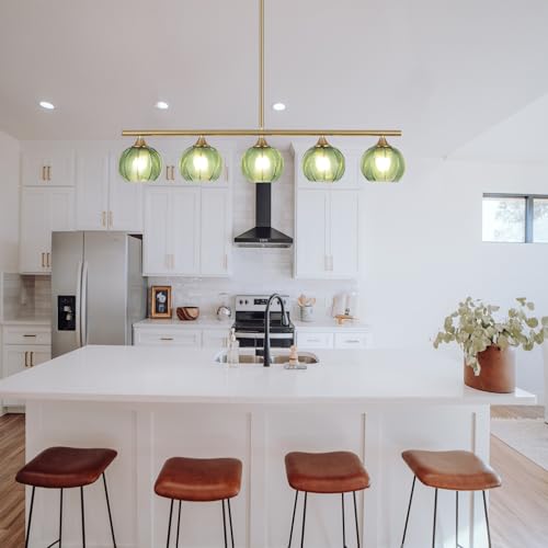 BYOLIIMA Modern Brushed Brass Linear Chandelier Green Striped Glass Shade 5-Lights Gold Mid Century Sputnik Globe Pendant Light Farmhouse Ceiling Hanging Light Fixture Dining Room Kitchen Island - color: Gold/Green