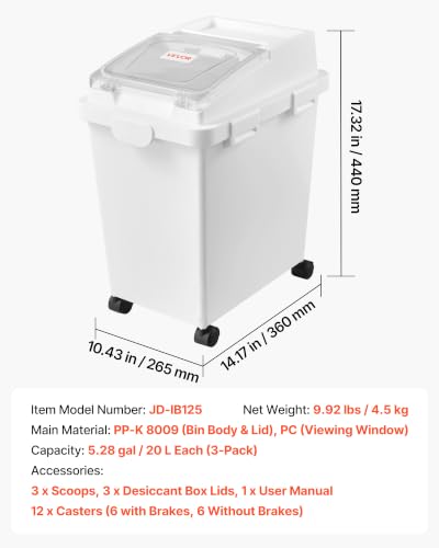 VEVOR Rice Storage Container 3 Pack 33 lbs/5.28 Gallons Dog Food Dispenser - size: 5.2 Gallon*3