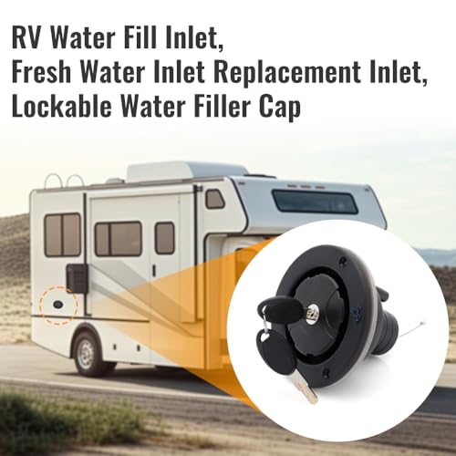 RV Fresh Water Inlet Lockable Plastic Gravity Inlet Filler Cap with Spring and Seal Leak Proof Fill Hatch Replacement Kit Leakproof RV Water Filling Resistant Cover for Camping Trailer Black