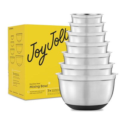 JoyJolt Stainless Steel Mixing Bowls with Airtight Lids, 7 Piece Nesting Bowls Set for Kitchen with Measurement Marks, Non-Slip Bottoms, Cooking, Baking, Prepping, Storage, 7/5/4/3/1.5/1/.75QT, Black