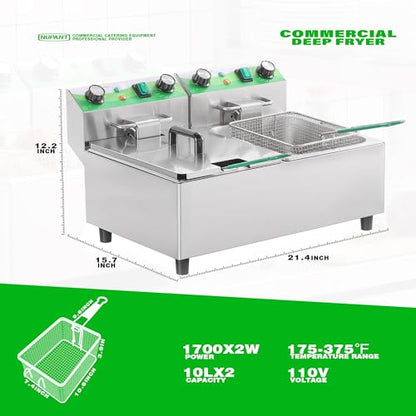 NUPANT 20L/21.2QT Commercial Deep Fryer with Timer Dual Tank Electric Countertop Fryer with Double Baskets and Lids, Temp Control, 3400W/110V Stainless Steel Large Deep Fryer for Restaurant Kitchen - size: 20L