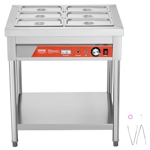 VEVOR 6-Pan Commercial Food Warmer, 6 x 1/3 Pans Electric Steam Table, 1500W Professional Buffet Catering Food Warmer with Undershelf, Stainless Steel Server for Restaurant Party Hotel - size: 6-Pan