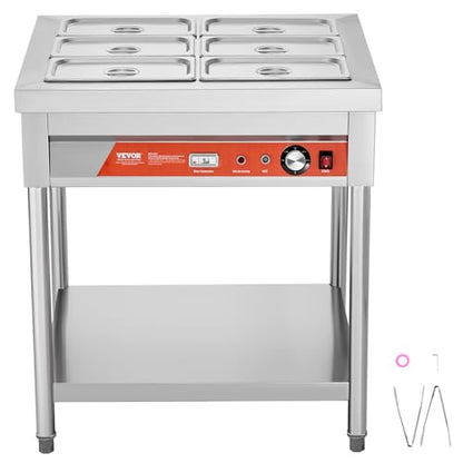 VEVOR 6-Pan Commercial Food Warmer, 6 x 1/3 Pans Electric Steam Table, 1500W Professional Buffet Catering Food Warmer with Undershelf, Stainless Steel Server for Restaurant Party Hotel - size: 6-Pan