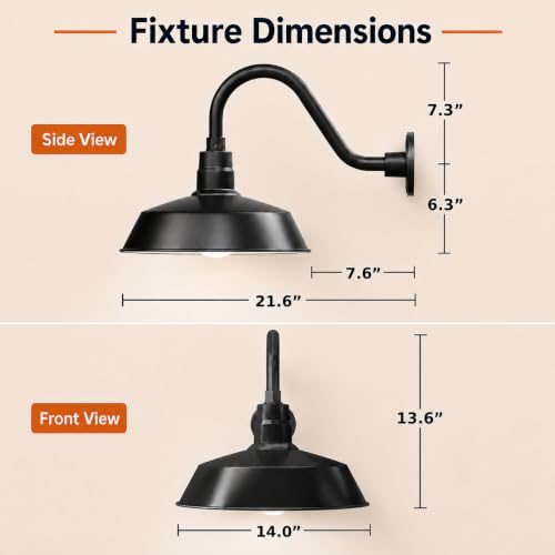 14in. Satin Black Outdoor Gooseneck Barn Light Fixture, 5000K Cool White - color: Satin Black, size: 14-1/2 in Gooseneck Arm