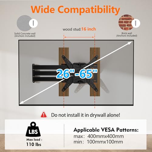 48" Extension Long Arm Rotating TV Wall Mount 26-65”TV by WHYFONE - size: Fit 26-65" TVs