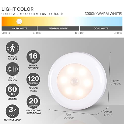 STAR-SPANGLED 2.8” LED Motion Sensor Lights Indoor AAA Battery, 6 Pack Warm - color: Warm White