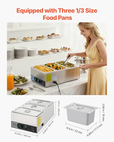 VEVOR Commercial Food Warmer, 1200W Electric Stainless Steel Steam Food Warmer, Fast Heating Countertop Buffet Bain Marie with Three 1/3 Size Food Pans, for Catering, Restaurants, Parties & Buffets - size: 21.85 x 13.39 x 7.87 in