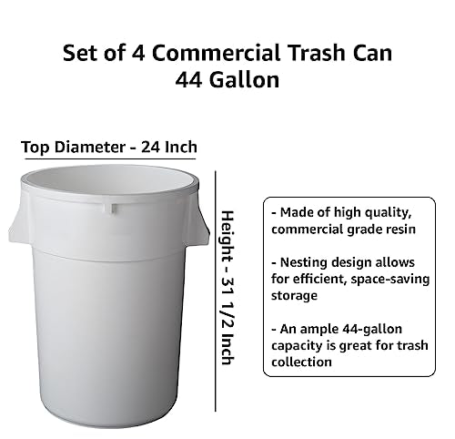 Set of 4 Round Commercial Trash Can 44 Gallon, Industrial Recycling Bin, Durable Garbage Can, Safe Food Container, Ingredient Bin (White) - color: White