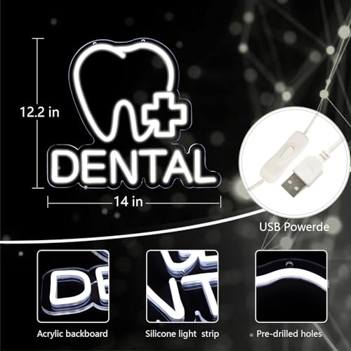 Dental Neon Signs for Wall Decor Neon Lights for Bedroom Led Business Signs Suitable for Dental Clinic Christmas Gift Led Art Wall Hanging Decorative 5V Power Adapter, 12.2 * 14 Inch(White) - color: Neon Sign