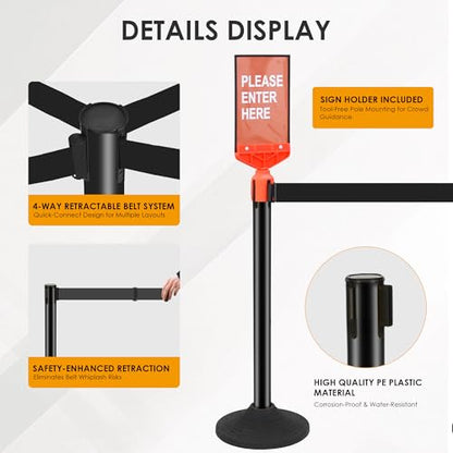 6 Pack Stanchions with Retractable Belts - Heavy Duty Crowd Control Barriers with Weighted Rubber Base, Retractable Belt Stanchions for Queue Line, Events, Public Safety(Black，6 Pack） - color: Black - 6 Pack, style: Round Base