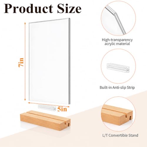 5x7 Acrylic Sign Holder with Wooden Base 4 Pack Adjustable Vertical/Tilt - color: Natural, size: 5"x7"