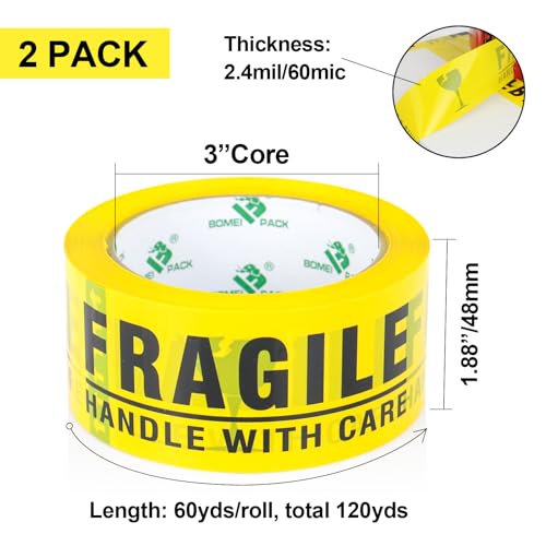 BOMEI PACK 2Pack Fragile Tape 2 Inch x 60 Yards, Fragiles Tape for Shipping with Dispenser, Heavy Duty Marking Tape for Moving Box