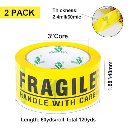 BOMEI PACK 2Pack Fragile Tape 2 Inch x 60 Yards, Fragiles Tape for Shipping with Dispenser, Heavy Duty Marking Tape for Moving Box