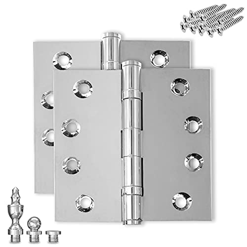 Solid Brass Chrome Door Hinge Heavy Duty Ball Bearing Shiny Silver 4x4 Inch with Decorative Screw-on Tips Included - Set of 2 Hinges (Polished Chrome) - color: Polished Chrome