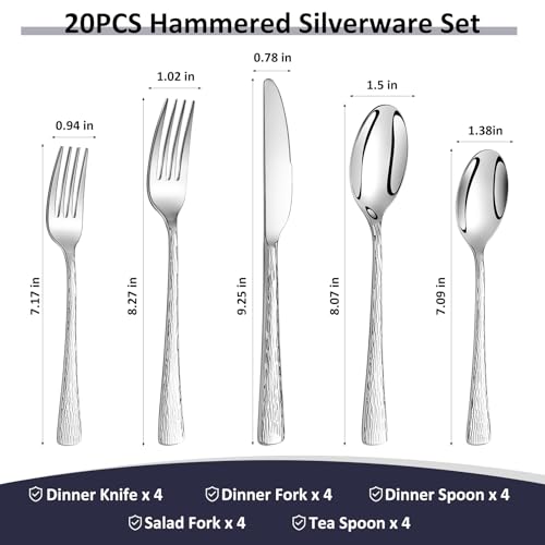 Silverware Set, 20-Piece Heavy-Duty Cutlery Set, 18/10 Stainless Steel Flatware Set for 4,Mirror-Polished Knife Spoons and Forks Set, Dishwasher Safe Utensil Sets,Perfect for House Warming Gifts - color: Silver, size: 20-Piece